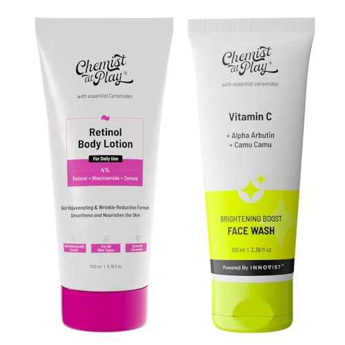 Chemist at Play Anti-Aging Body Lotion with 4% Retinol, Niacinamide & Zemea 200ml + Brightening Boost Face Wash | Brightens & Gives Radiance | Cleans Oil & Dirt 100 ml