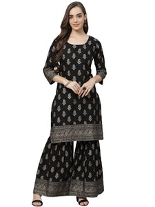 "PH" POSHAKHUB Poshak Hub Women's Latest Readymade Cotton Gold Print Kurta with Sharara set