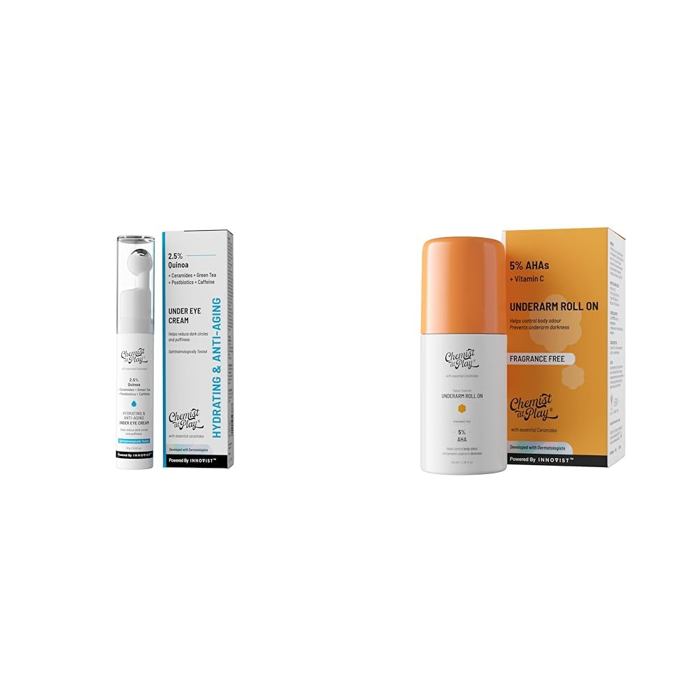 Chemist At Play Under Eye Cream with 2% Revital Eye & Quinoa Extract Cooling Gel & Roller for Men & Women | 15 g UnderArm Roll-On with 5% AHA, Lactic Acid & 1% Mandelic Acid Vegan | SLS Free | 40ml