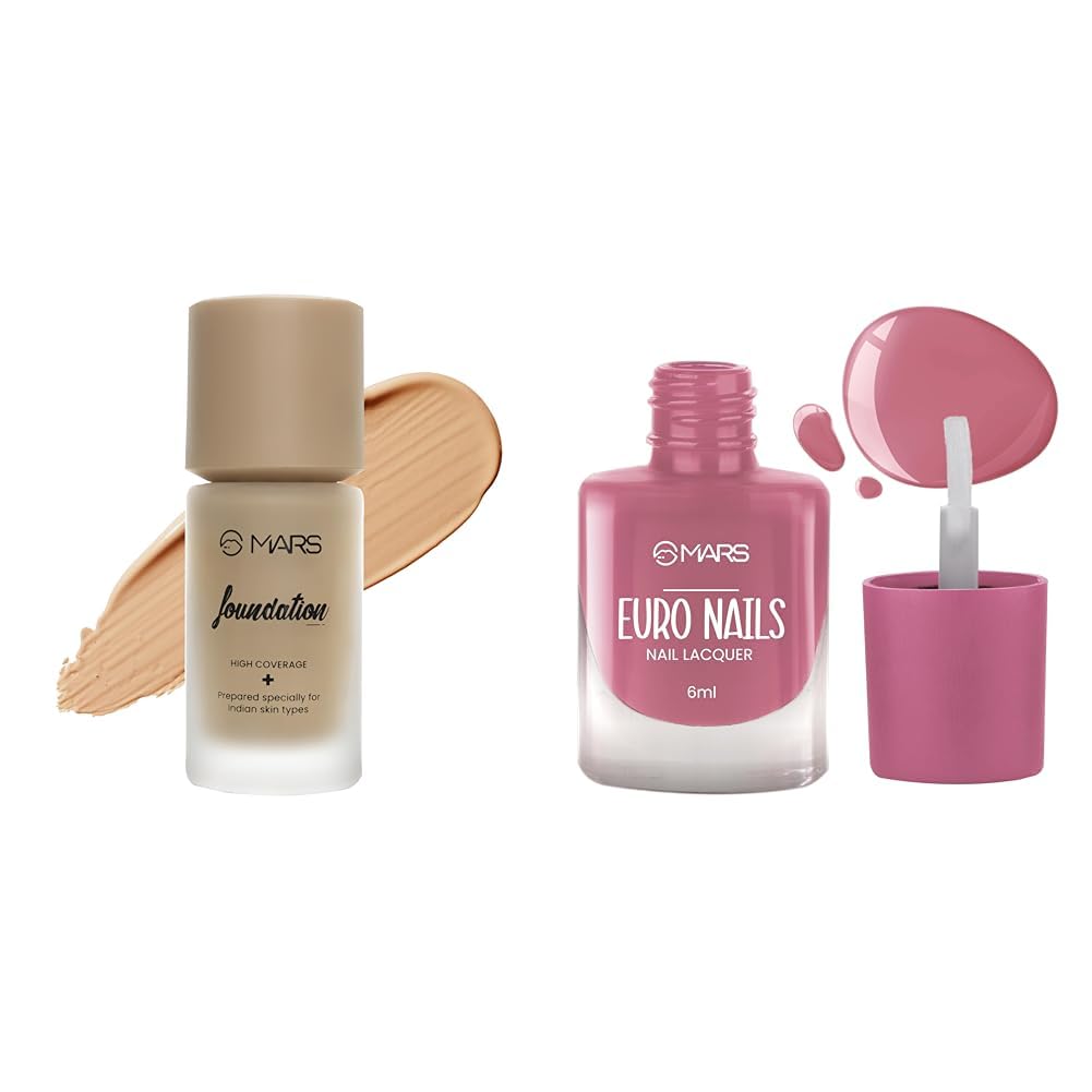 MARS High Coverage All Skin Type Liquid Foundation | Blemish Free & Blendable Foundation for Makeup (40ml) (SHADE-07) EURO Glossy Nail Lacquer (6.0 ml) (Shade-14)