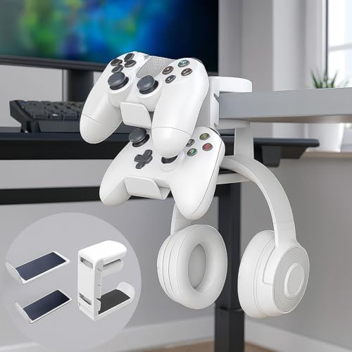 Rotating Headphone Stand with 360° Swivel - Adjustable Clamp - on Under Desk Headset Holder, Universal Gaming & Office Headphone Hanger (White)