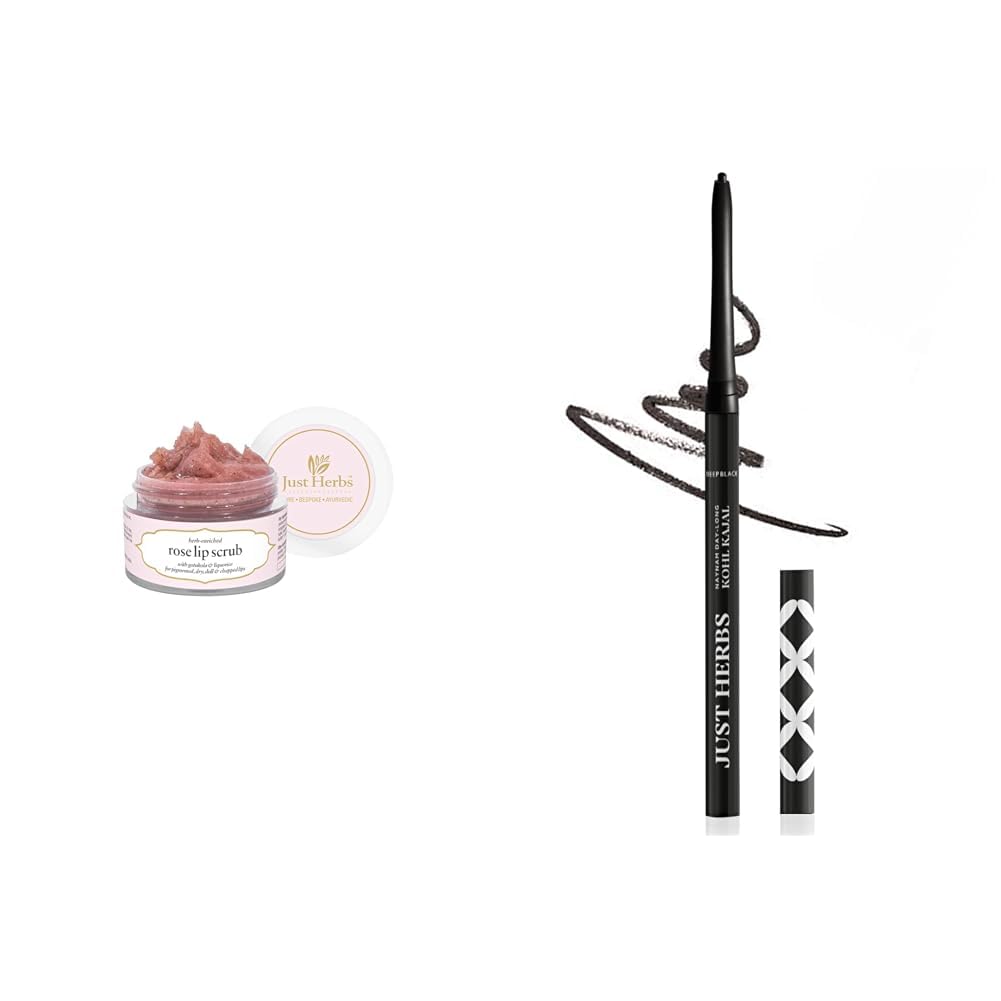 Just Herbs Ayurvedic Rose Lip Scrub For Dry & Just Herbs Retractable 2 in 1 Herbal Eyeliner + Kajal with Almond Oil & Vitamin E Combo