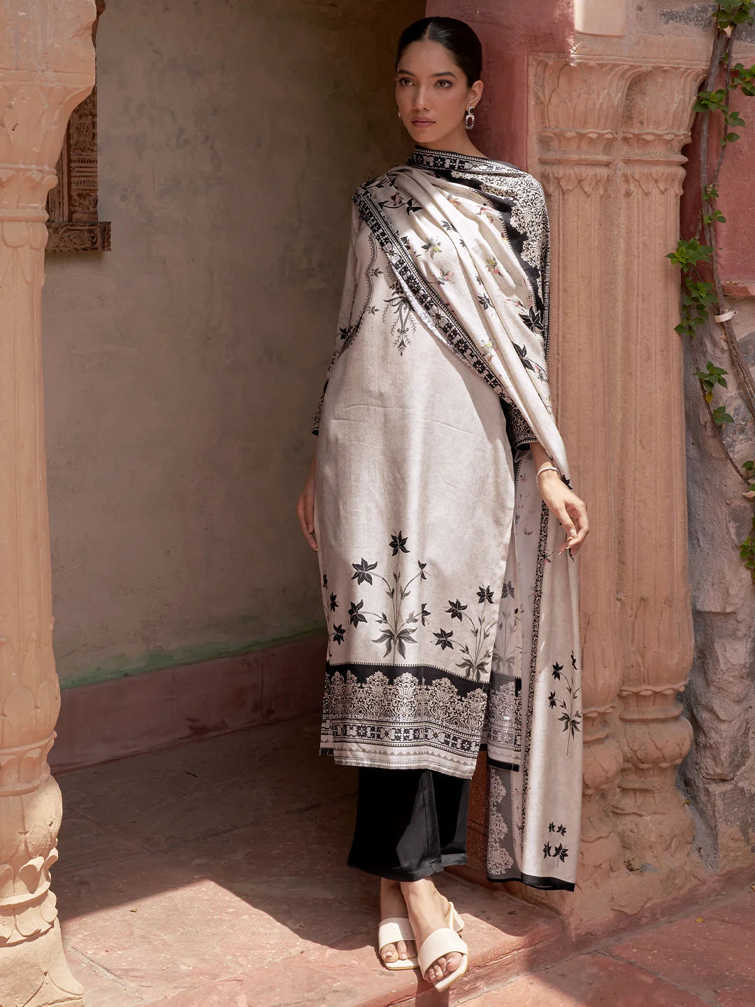 Monochrome Printed Silk Blend Straight Suit with Dupatta