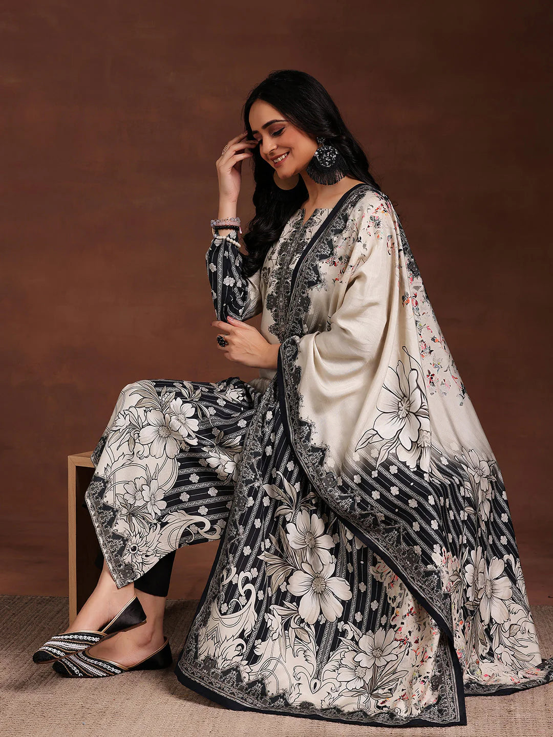 Monochrome Printed Silk Blend Straight Suit with Dupatta