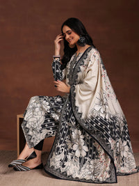 Monochrome Printed Silk Blend Straight Suit with Dupatta