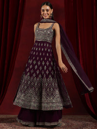 Surkh Libas Art Wine Embroidered Georgette A-Line Kurta with Palazzos & Dupatta