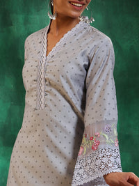 Grey Printed Silk Blend Straight Suit with Dupatta