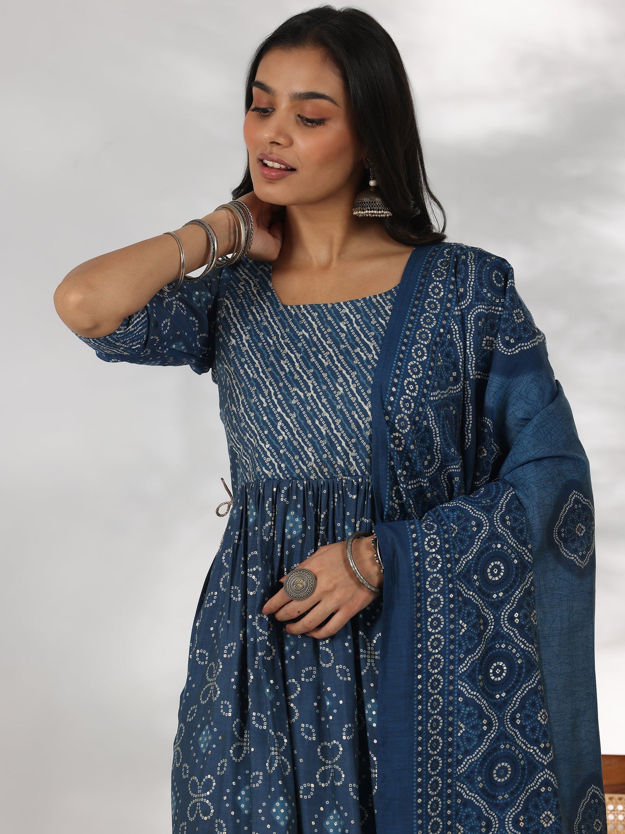 Blue Printed Silk Blend A-Line Kurta with Trousers & Dupatta