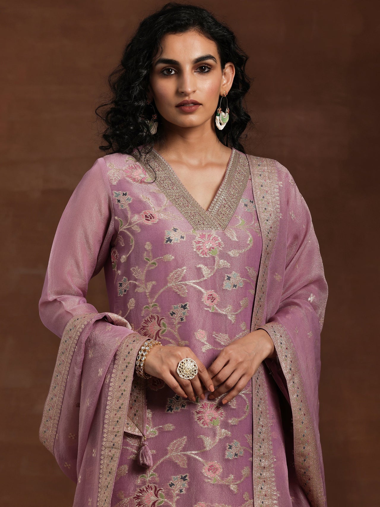 Mauve Woven Design Silk Blend Straight Kurta with Trousers & Dupatta
