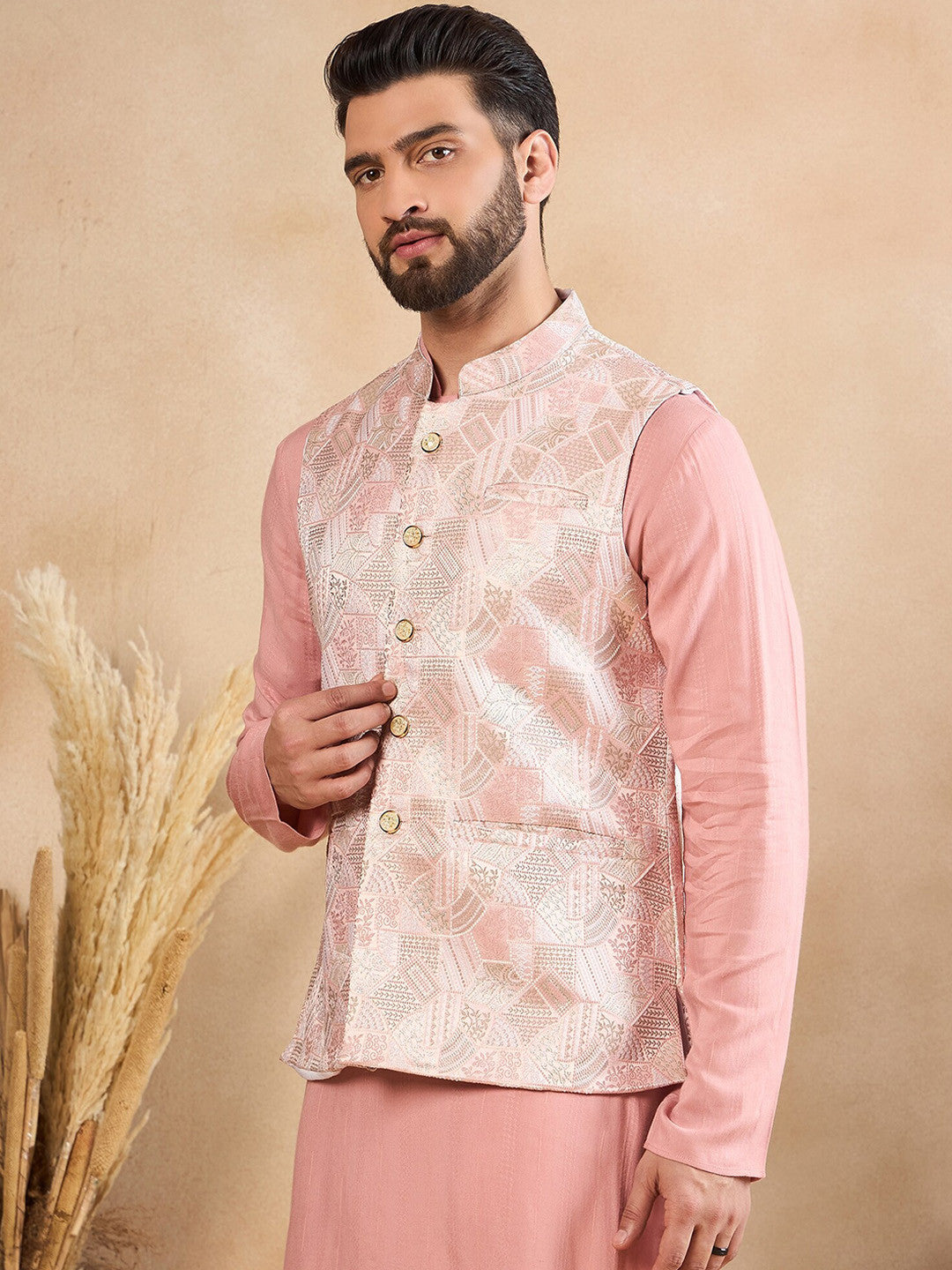 House of Pataudi Woven Design Nehru Jackets