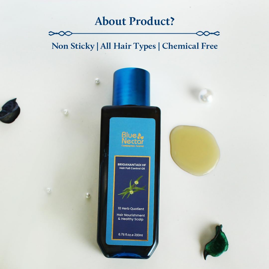 Blue Nectar Briganantadi Hair Fall control & Healthy Scalp Oil | Plant Based Non Sticky Hair Oil for Hair growth | Perfect Hair Fall Oil for Women & Men (9 Herbs, 200 ml)