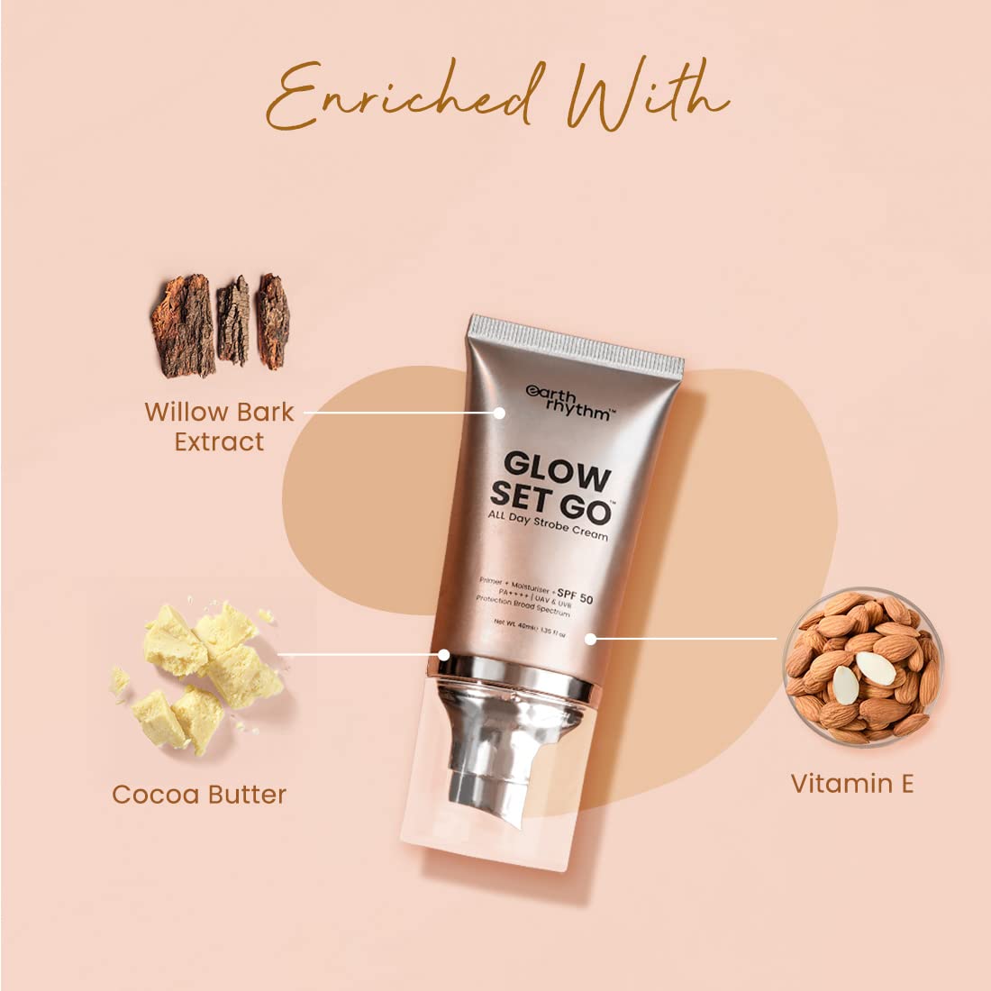 Earth Rhythm Glow Set Go Multipurpose Strobe Cream Spf 50 Pa++++, Shimmery | Used As Moisturizer, Primer, Highlighter | Cocoa Butter, Vitamin E, Willow Bark Extract - Bronze Age - 40Ml