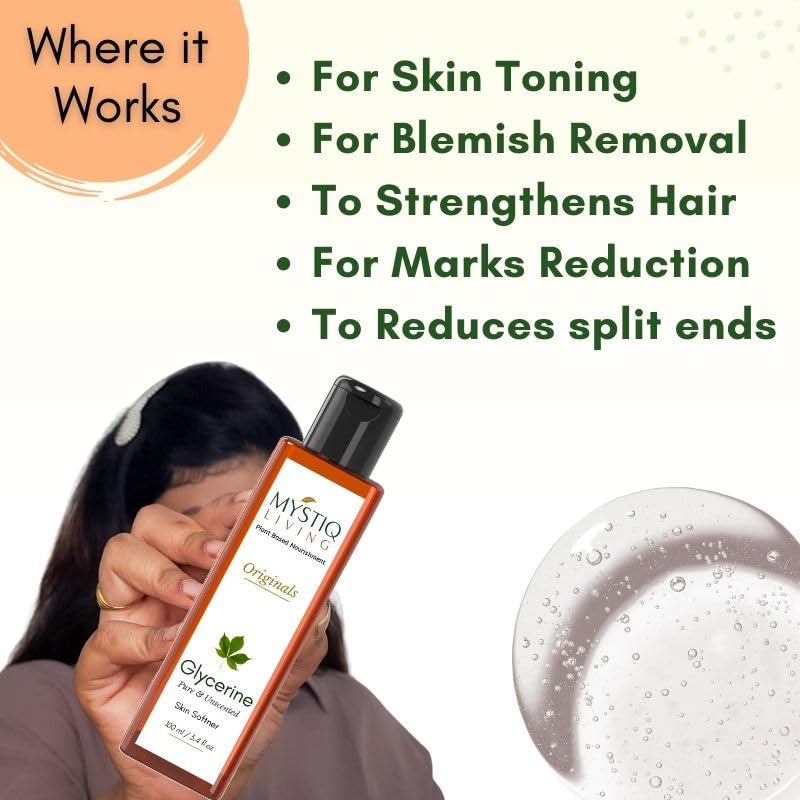 Mystiq Living Glycerine - Plant Based (Pure and Unscented) | For Face Skin and Body Care -100 ML