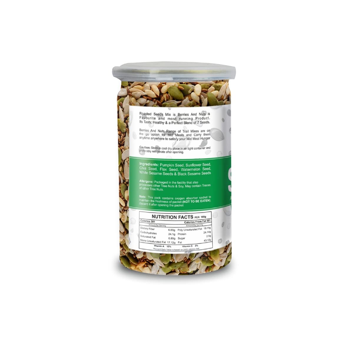 Berries And Nuts Healthy Roasted Seeds Blend | Pumpkin, Sunflower, Chia, Flax, Watermelon, Sesame Seeds | 200 Grams | 1 Bottle of 200 Grams