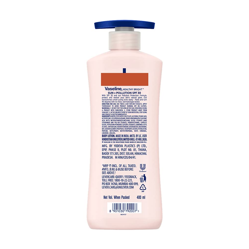Vaseline Healthy Bright Sun Protection Body Lotion SPF 30 400 ml, Daily Moisturizer for Dry Skin, Gives Non-Greasy Glowing Skin - For Men & Women (Pack of 2)