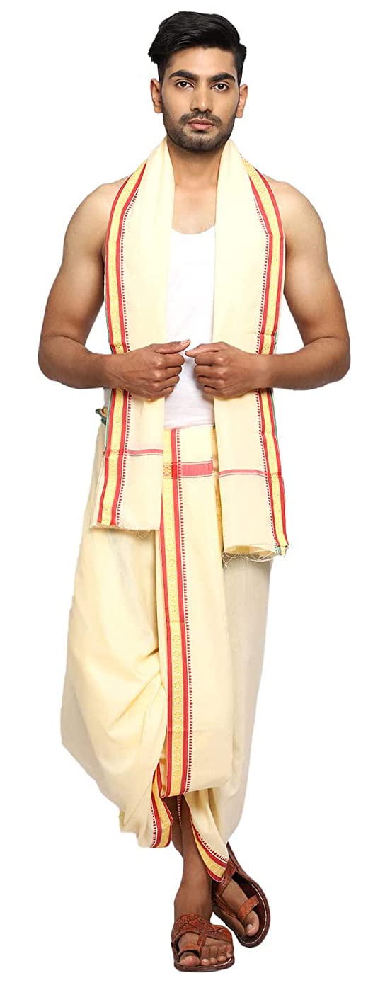 Rameshwaram Fabrics Men's  Solid Cotton Silk Dupatta (Ramesh_Fabrics_22_Cream)