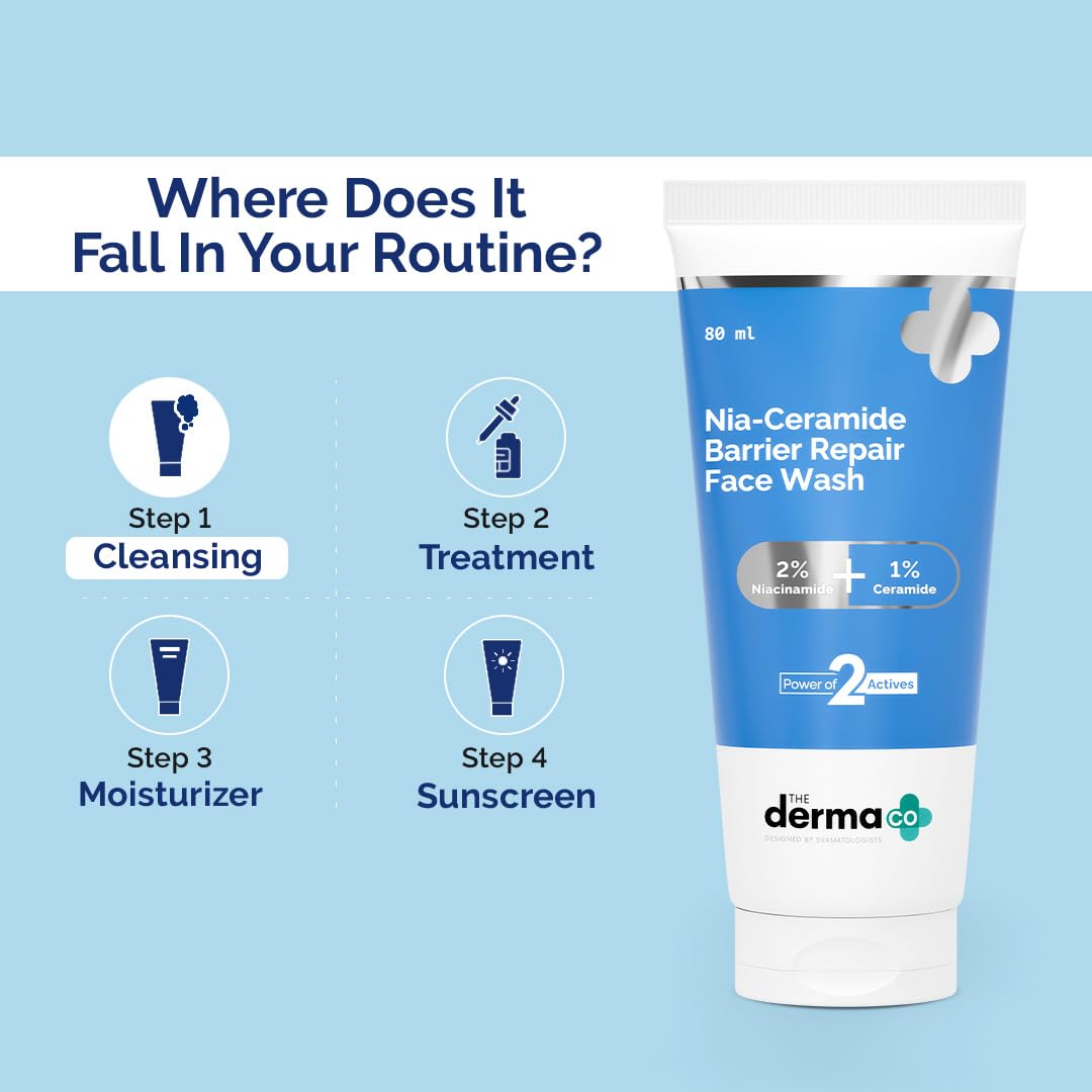 The Derma Co. Nia-Ceramide Barrier Repair Face Wash 80g | With 2% Niacinamide and 1% Ceramide | Gently Cleanses Skin & Nourishes Skin Barrier | All skin types