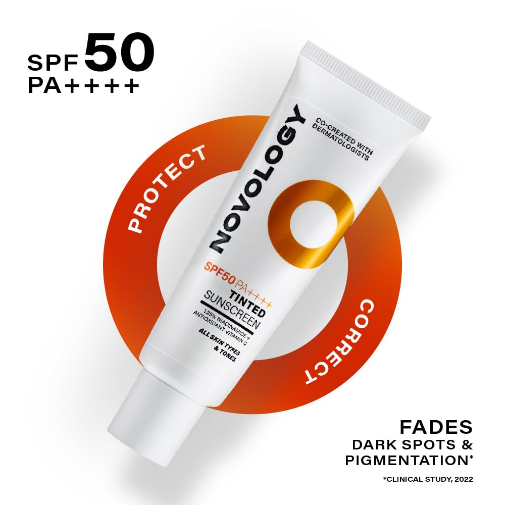 Novology SPF 50 PA++++ Tinted Sunscreen with Niacinamide for Pigmentation, Dark Spots and Acne Marks | Blends into Natural Finish | For All Skin Types | 50 g