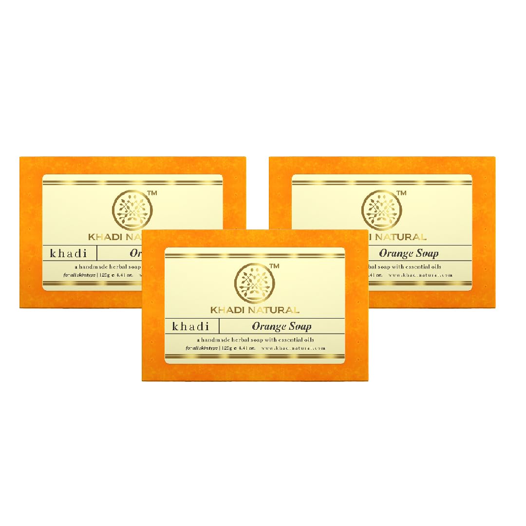 Khadi Natural Orange Soap | Herbal Bathing Soap for Fresh Skin | Natural Soap with Essential Oils | Soap for Naturally Exfoliating Skin | Suitable for All Skin Types|Pack of 3 (125gm*3) (375 gm)