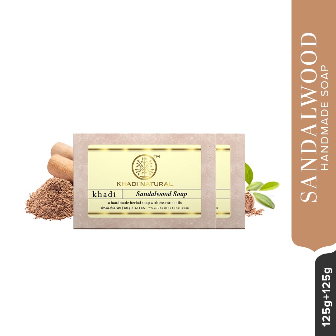 Khadi Natural Sandalwood Soap | Natural Bathing Soap | Herbal Soap for Reducing Acne | Handmade Soap for All Skin Types | Paraben & Sulphate-Free Soap 250g
