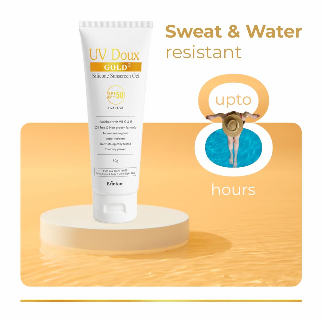UV Doux Gold Sunscreen Gel For Anti Ageing with Sun Protection | SPF 50 and PA+++ Broad Spectrum | Enriched with Anti-oxidants like Vit C & E | Matte Finish | Water Resistant & Non-Greasy | 50gm
