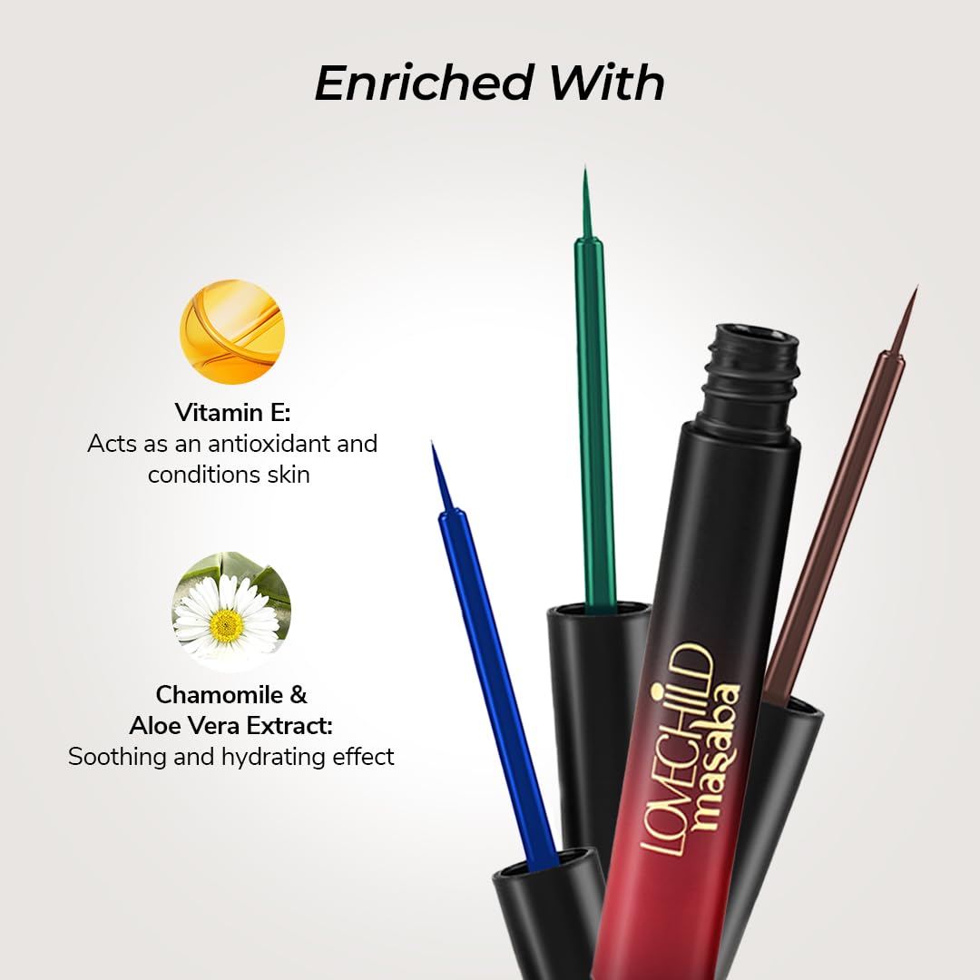 LoveChild Masaba Liquid Eyeliner Zircon (Peacock Green), Crystal Crush High Gloss Finish, Waterproof & Smudge-Proof, With Aloe Vera, Chamomile & Vitamin E, Long-Lasting Eye Liner, 3ml