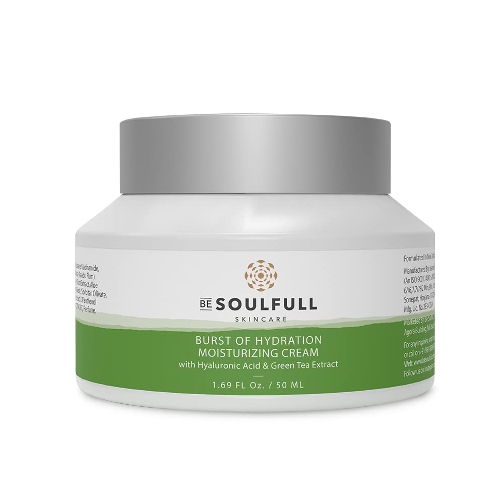 BE SOULFULL Moisturizing Cream- Hydrating Moisturizer with Hyaluronic Acid and Green Tea Extracts For Healthy Glowing Skin- Daily Lightweight Face Cream for Dry and Dehydrated Skin- 50gm