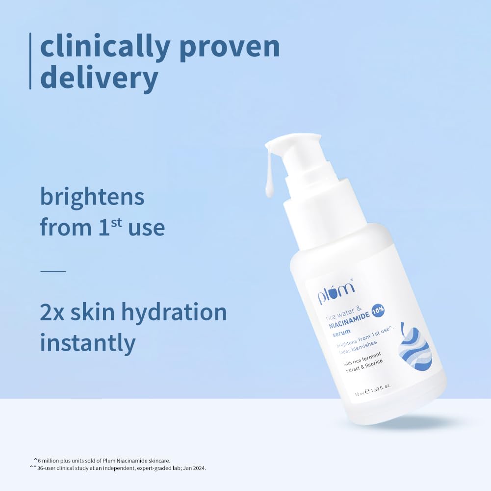 Plum 10% Niacinamide Face Serum For Clear, Bright Skin | Fades Blemishes & Acne Marks| With Rice Water | Lightweight & Quick-absorbing| Dermatologically Tested | All Skin Types | Women & Men | Fragrance-Free | 100% Vegan | 50ml
