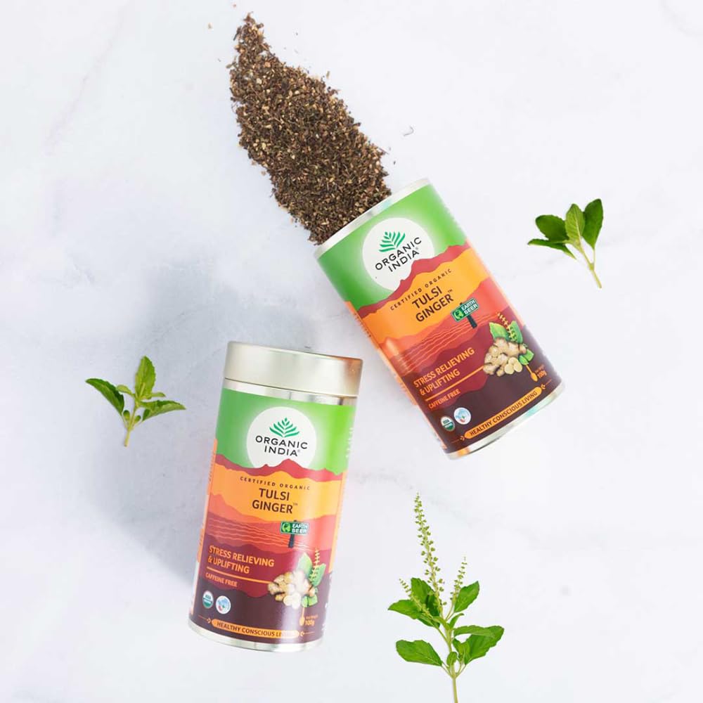 A TATA Product - Organic India Tulsi Ginger Tea - 100g, Rich in Antioxidants, Supports Digestion, Stress Relieving, Helps Boost Metabolism, Caffeine-Free, Whole Herbs