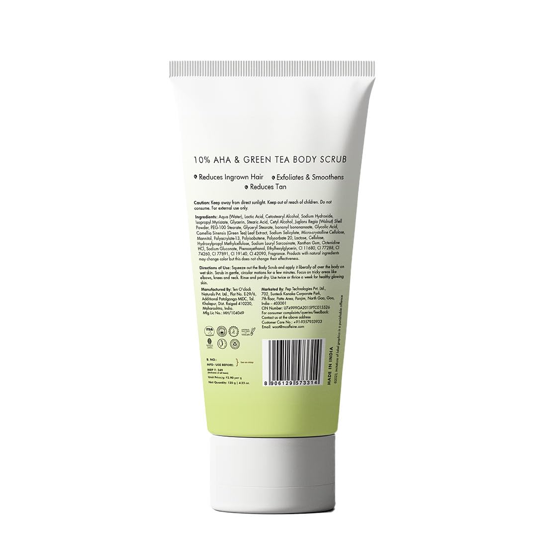 mCaffeine 10% AHA & Green Tea Body Scrub for Tan Removal & Soft-Smooth Skin | For Women & Men | De-Tan Bathing Scrub with Coconut Oil, Removes Dirt & Dead Skin from Neck, Knees, Elbows & Arms