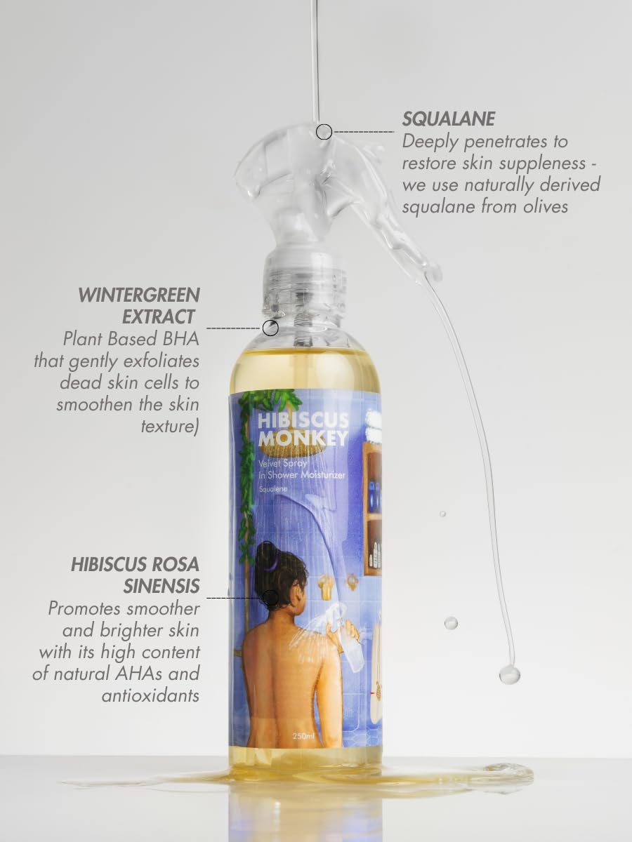 HIBISCUS MONKEY Velvet Spray Squalene In Shower Body Moisturizer | Olive Squalane, Castor Oil, Plant Salicylic (0.3%) | Intensive Moisturization For Dry Skin, Bumpy Skin| 250 Ml