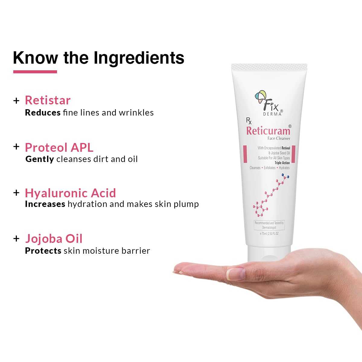 Fixderma 0.05% Retinol Reticuram Face Cleanser for All Skin Types, Anti Ageing, Retinol Face Cleanser, Regulates Sebum Production, Deep Pore Cleansing, Soap Free face wash with jojoba oil - 75ml