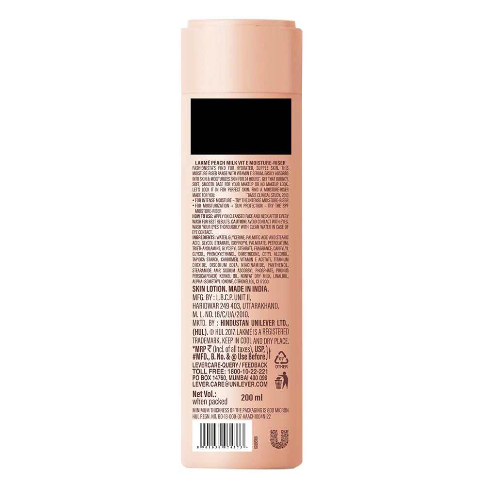 Lakmé Peach Milk Ceramide Moisturizer with Hyaluronic & Vitamin E for Deep Moisturizing and Skin Strengthening | With Skin Conditioner| For Dry Skin, Normal Skin & Sensitive Skin 200ml