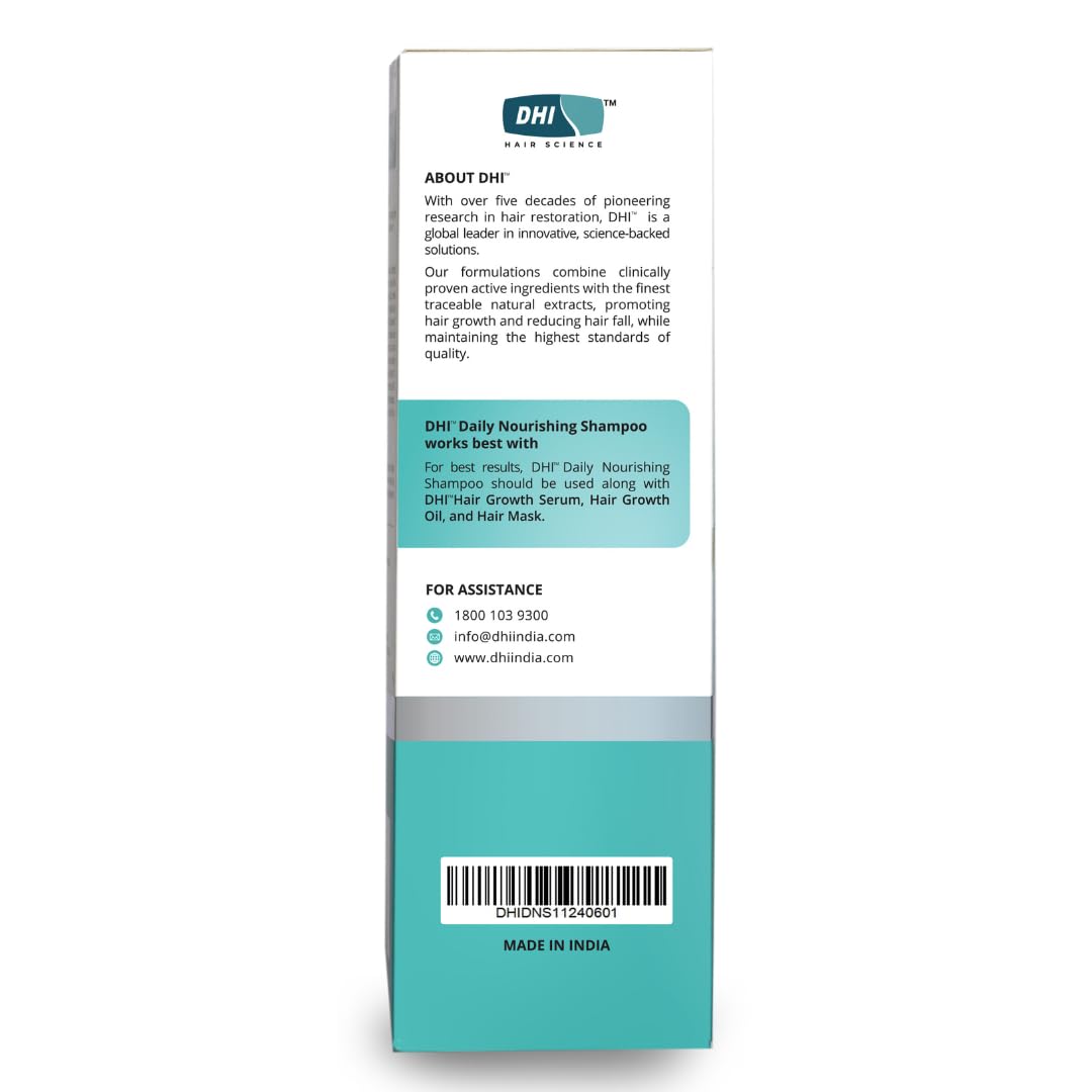 DHI Daily Nourishing Shampoo with Vitamin B3 & B5, PCA Glyceryl Oleate & Green Coffee Bean Extract | Improves Hair Texture, Protects | Dermatologically Tested | For All Hair Types | Paraben & Sulphate Free Shampoo for Men & Women | 200 ml