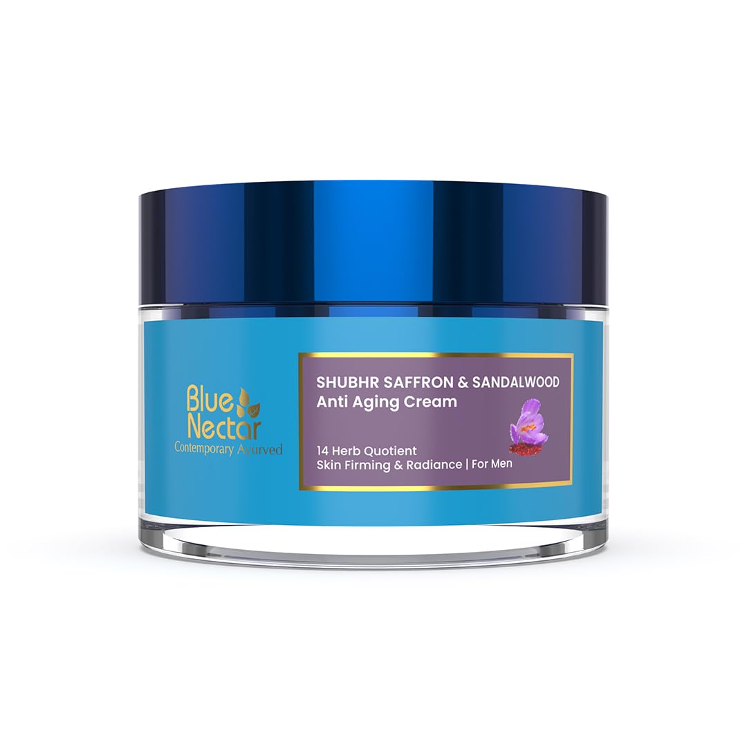 Blue Nectar Men Face Cream Natural Skin Brightening Cream Anti Aging Cream for Men with Sandalwood Saffron and Almond Oil (14 Herbs 50g)