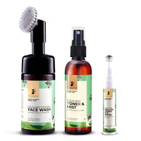 Pilgrim 3-Step Glow Revival Under Eye Care Combo | Roll-On Under Eye Serum 15ml | Foaming Face Wash with Brush 120ml | Toner & Mist 100ml | Glow Facial Combo | All Skin Type