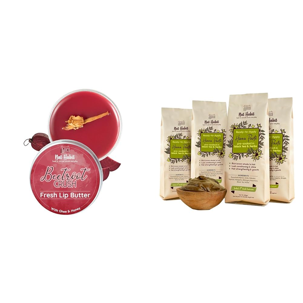 Nat Habit Lip Balm Fresh Beetroot Crush 10gm Lip Butter For Natural Pink Lips and Nat Habit Henna Paste, 100% Natural Rajasthani Henna - (Pack of 4 x 220g)