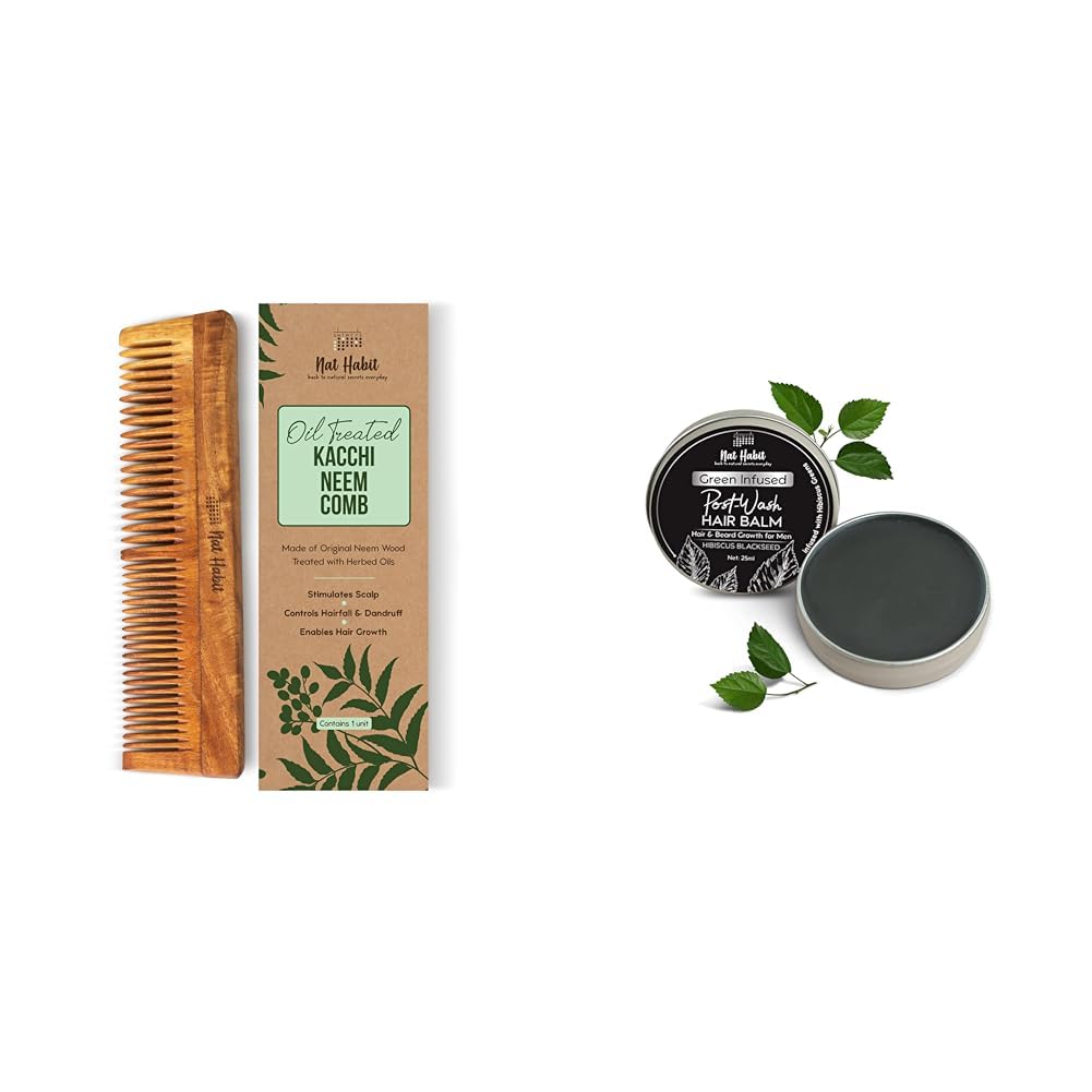 Nat Habit Neem Comb Combo Dual Tooth Neem Comb and Hibiscus Blackseed Hair Balm 25ml For Hair & Beard Growth of Men