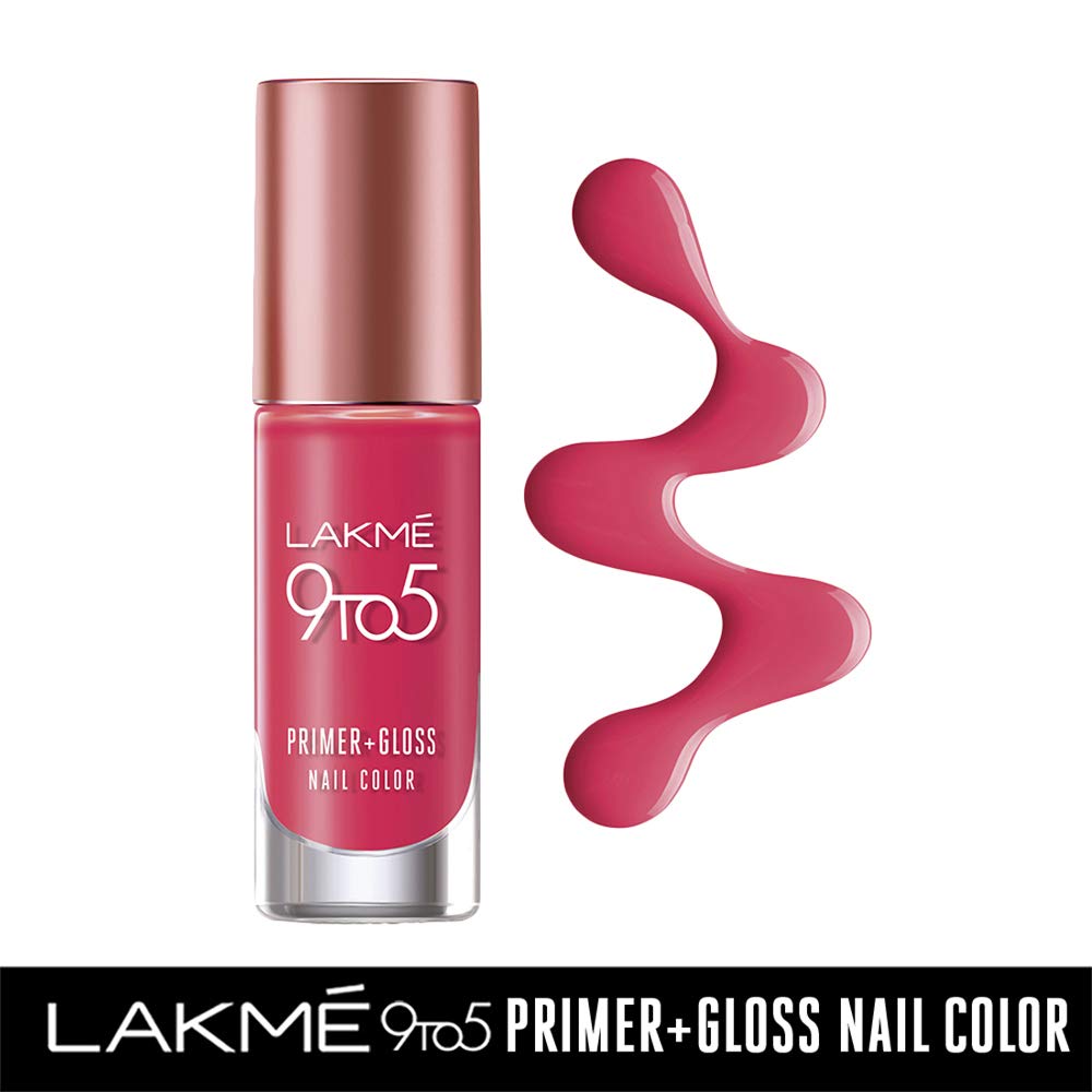 Lakmé 9 To 5 Primer + Glossy Finish Nail Colour & Lakmé Nail Color Remover, 27ml & Lakmé 9 To 5 Primer + Glossy Finish Nail Colour, Magenta Mix, 6 Ml