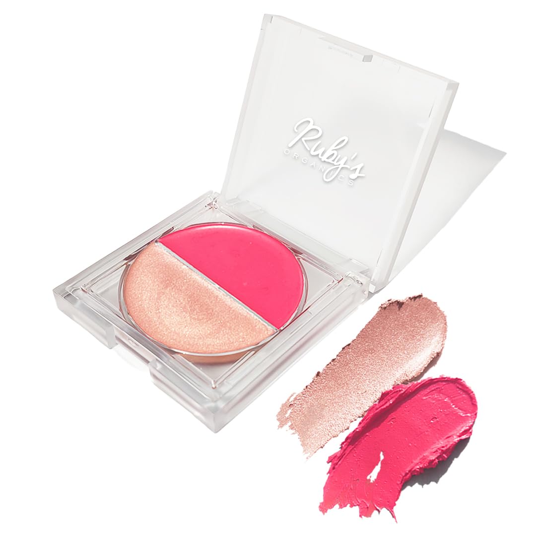 Ruby's Organics Cream Blush for Cheeks & Highlighter Duo Palette- Blusher for Face Makeup, Lightweight Flawless All Day Glow, All Skin Types, Natural &Paraben Free (Poppy Pink + Illuminate) 9g