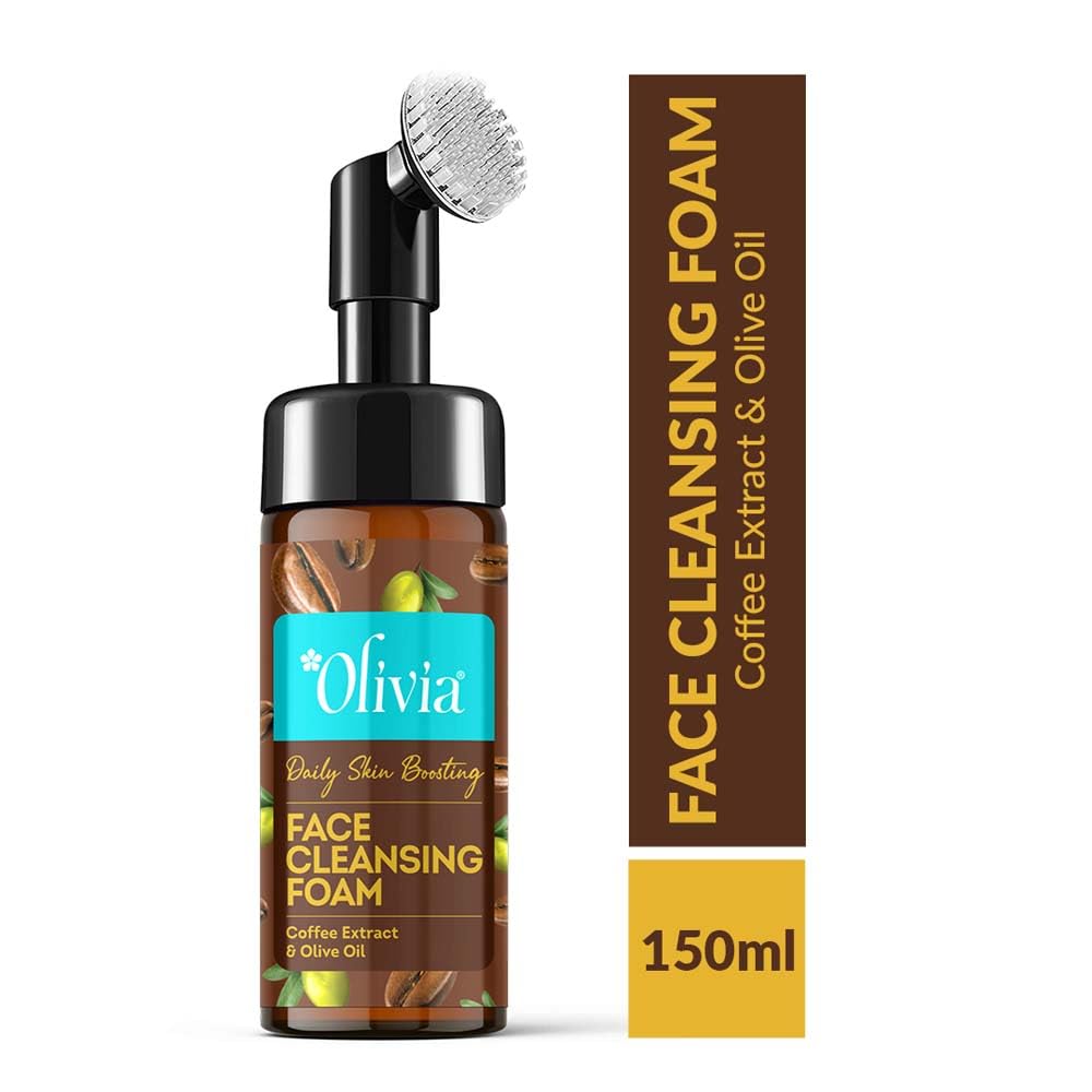 Olivia Daily Skin Boosting Face Cleansing Foam, Built In Brush Face Wash For Deep Cleansing, Massage, Exfoliate, Glowing Bright Skin With Coffee Extract & Olive Oil - 150Ml