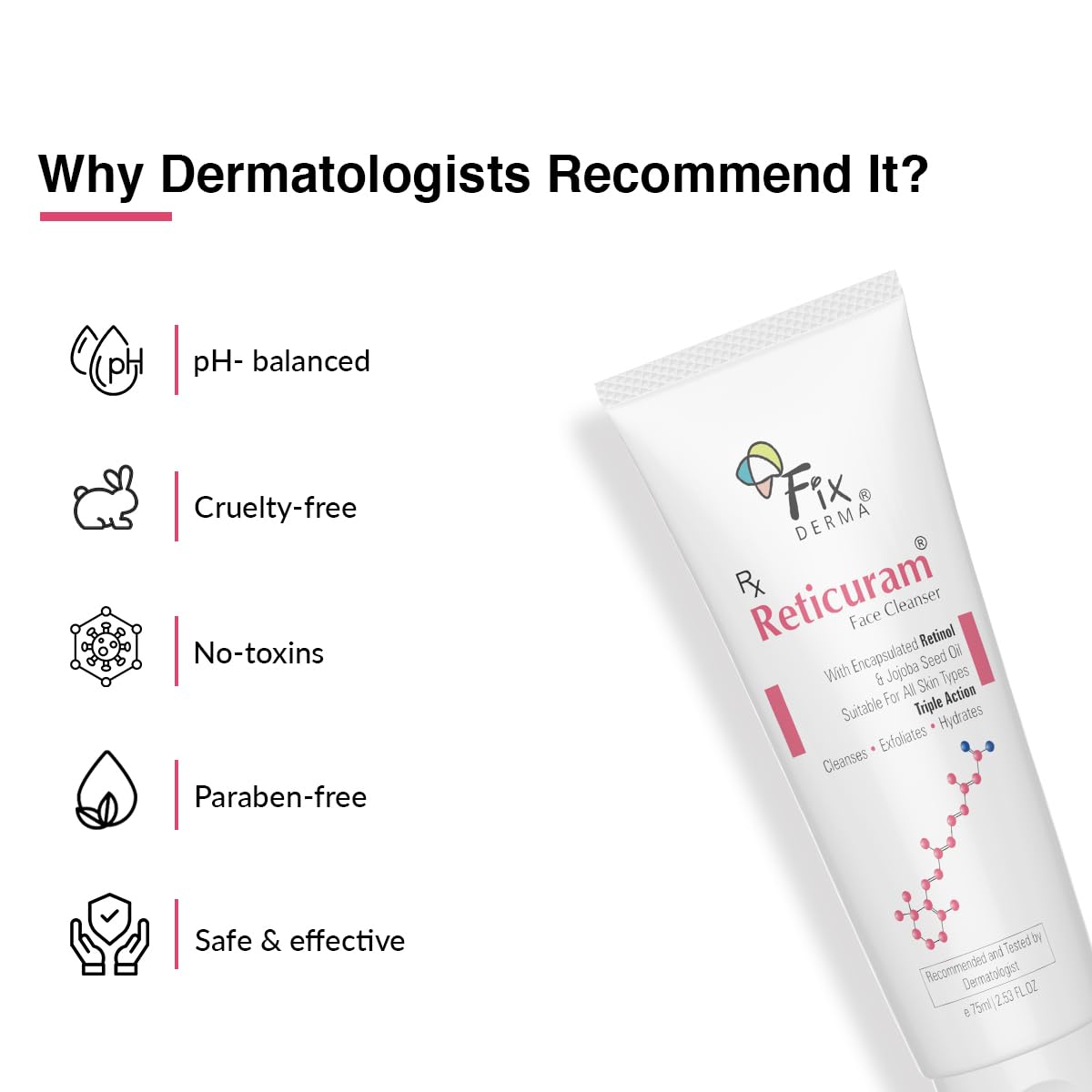 Fixderma 0.05% Retinol Reticuram Face Cleanser for All Skin Types, Anti Ageing, Retinol Face Cleanser, Regulates Sebum Production, Deep Pore Cleansing, Soap Free face wash with jojoba oil - 75ml