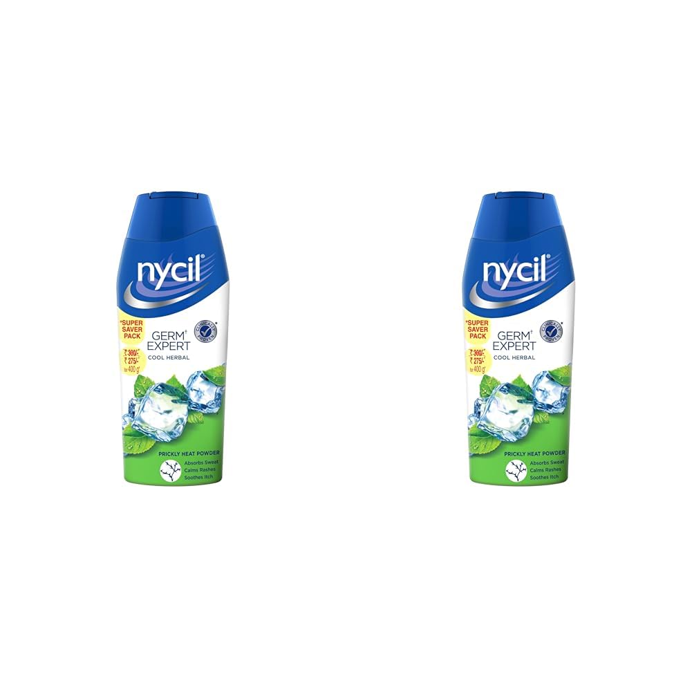 Nycil Germ Expert Cool Herbal Prickly Heat and Cooling Powder - 400 g | Get Relief from Skin Problems (Pack of 2)
