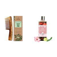 Nat Habit Wide Tooth Wooden Kacchi Neem Comb & Hibiscus Dasabuti Hair Oil For Dry And Frizzy Hair, With Castor, Coconut & Amla (Combo Pack Of 2)