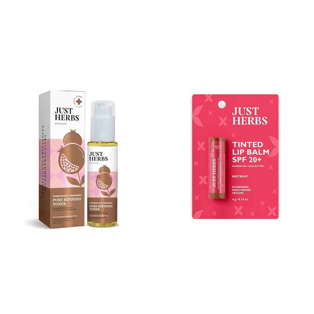 Just Herbs Ayurvedic Pomegrante Alcohol Free Facial Toner & Just Herbs Tinted Lip Balm for Men and Women with SPF 20+ for Dark Lips to Lighten 4 g (Beetroot) Combo