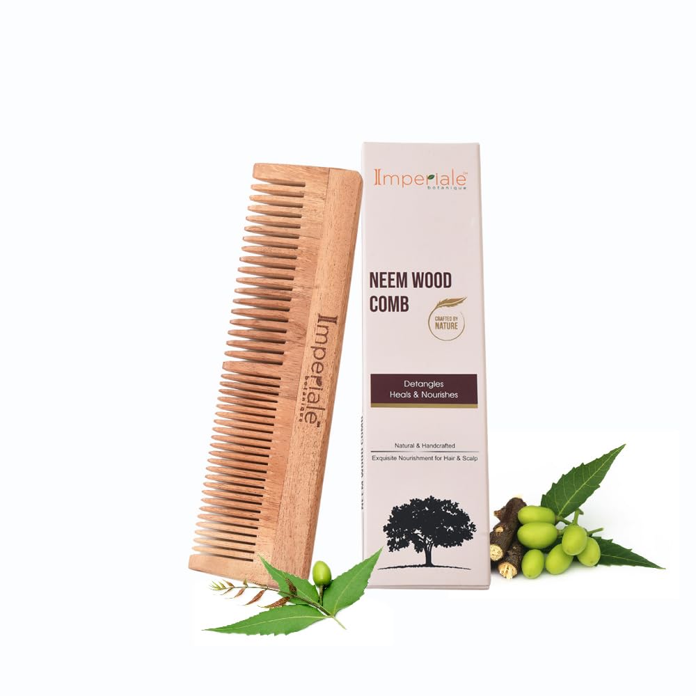 Imperiale Botanique Handmade Neem Wooden Double Teeth Hair Comb for Women & Men | Comb for Hair Growth Hairfall & Dandruff and Frizz Control | All Hair Types Pack of 1
