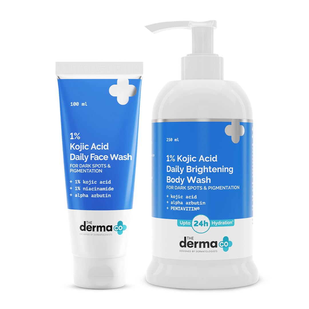 The Derma Co No More Pigmentation Combo with 1% Kojic Acid (1% Kojic Acid Face Wash with Niacinamide & Alpha Arbutin - 100ml & 1% Kojic Acid Daily Brightening Body Wash with Alpha Arbutin - 250ml)|Deeply Cleanses | Treats Pigmentation