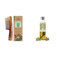 Nat Habit Wide Tooth Wooden Kacchi Neem Comb & Olive Almond Dasabuti Hair Oil for Dry and Frizzy Hair, with Castor, Coconut & Amla (Combo Pack of 2)