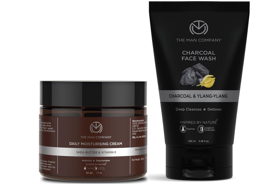 The Man Company DeTan Daily Pack with Activated Charcoal Face Wash & Daily Moisturising Face Cream | Argan, Shea Butter, Vitamin E | Deep Cleansing, Moisturizing - Pack of 2