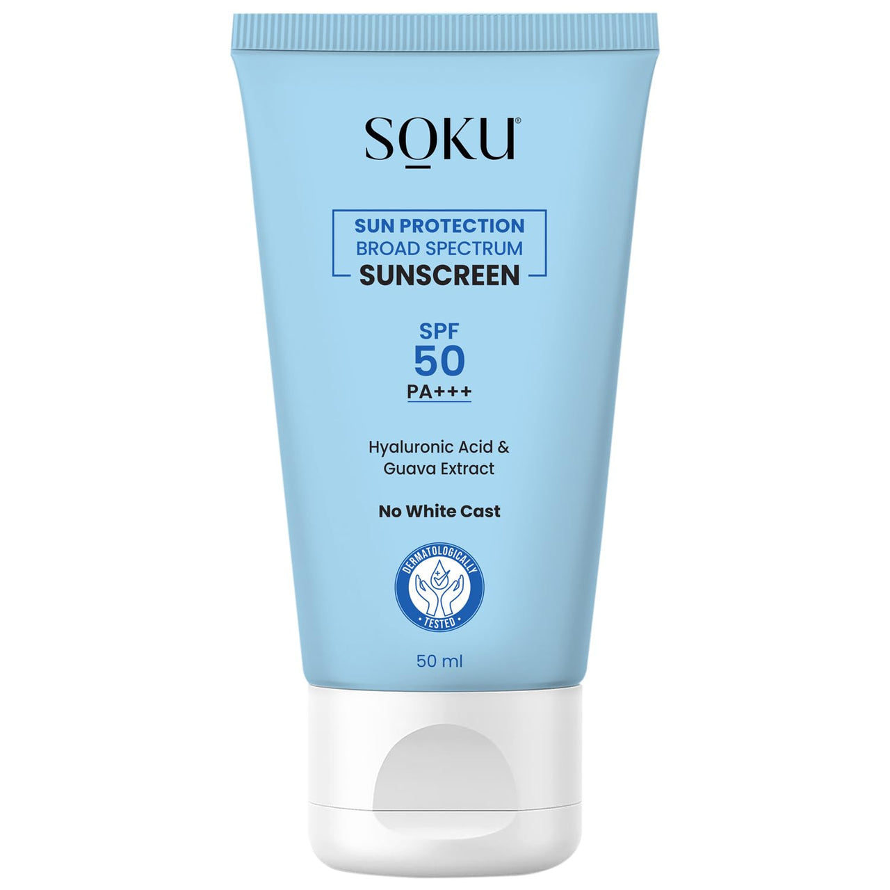 SOKU Sun Protection Broad Spectrum Sunscreen For All Skin Type SPF 50 PA+++ | Hyaluronic Acid & Guava Extract | UVA/UVB & Blue Light Protection | No White Cast | For Unisex | 50 ML
